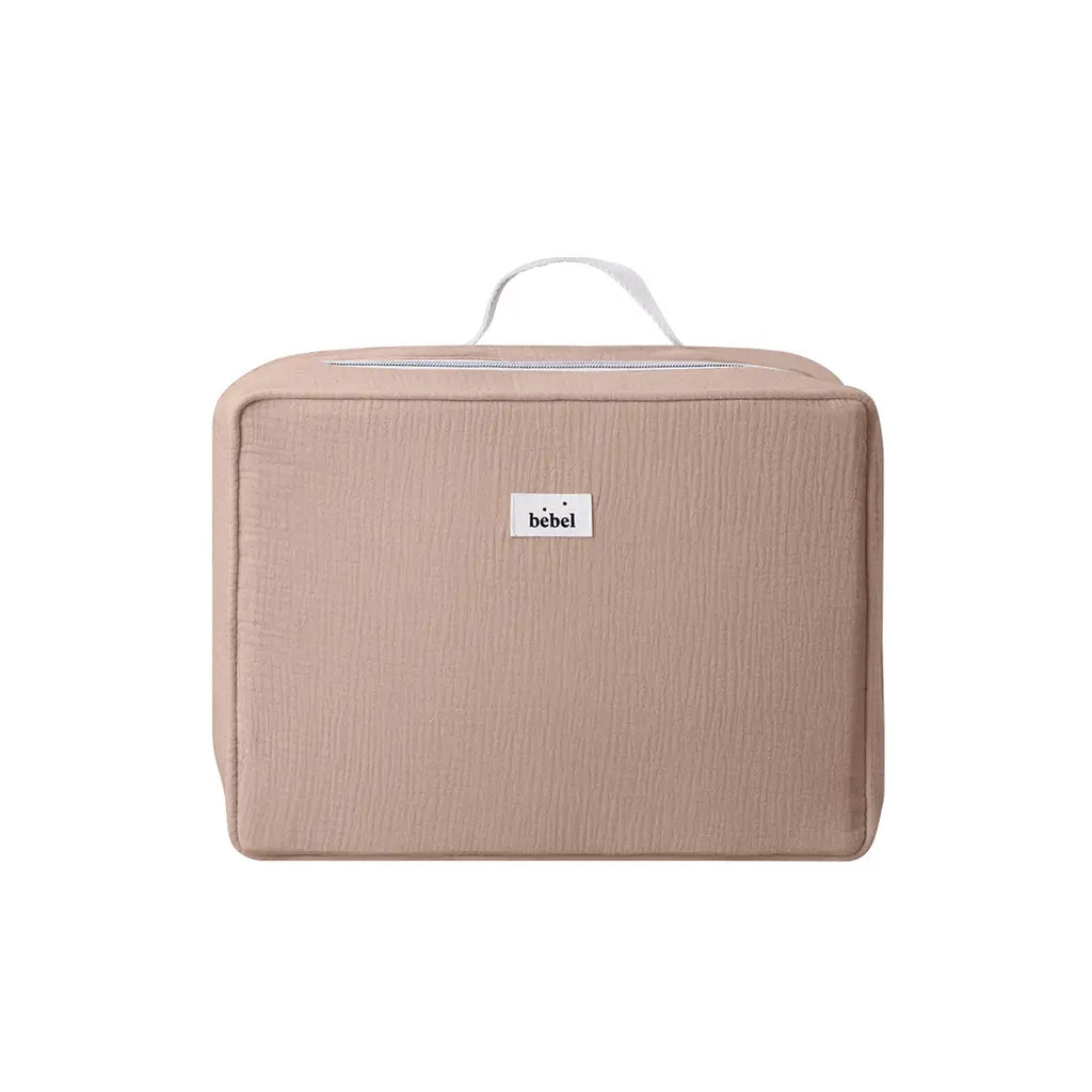 Une valise de maternité grande et fonctionnelle pour emporter les essentiels pour vous et votre bébé, en gaze de coton vieux rose